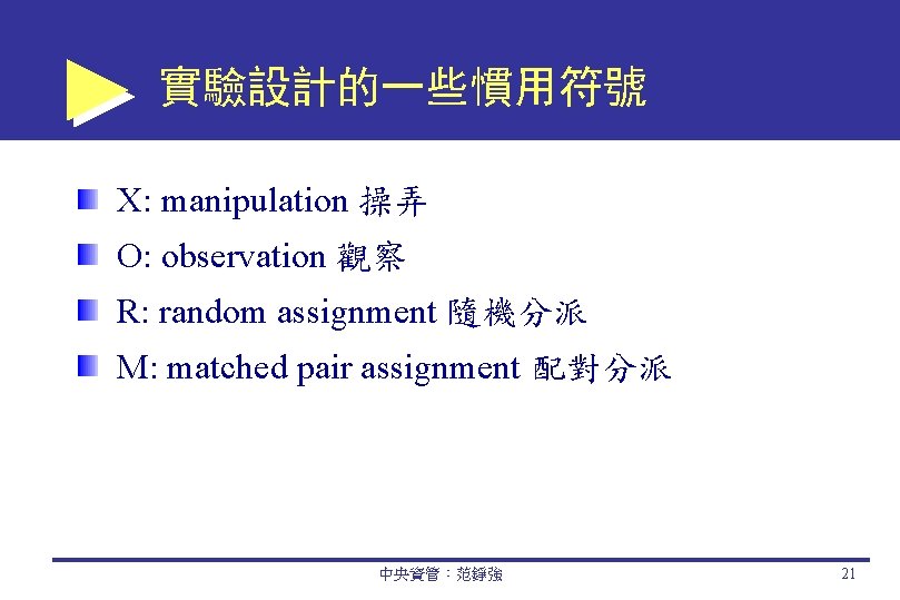 實驗設計的一些慣用符號 X: manipulation 操弄 O: observation 觀察 R: random assignment 隨機分派 M: matched pair