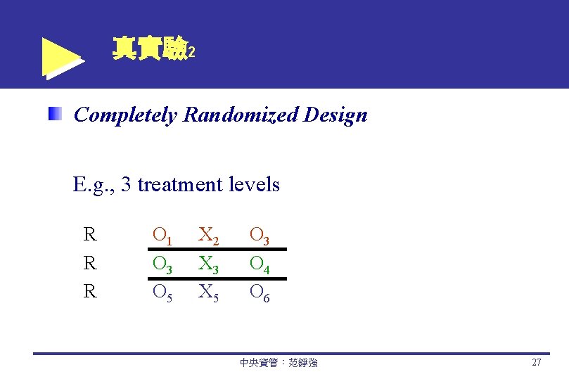 真實驗 2 Completely Randomized Design E. g. , 3 treatment levels R R R