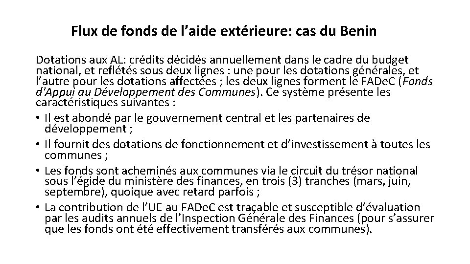 Flux de fonds de l’aide extérieure: cas du Benin Dotations aux AL: crédits décidés