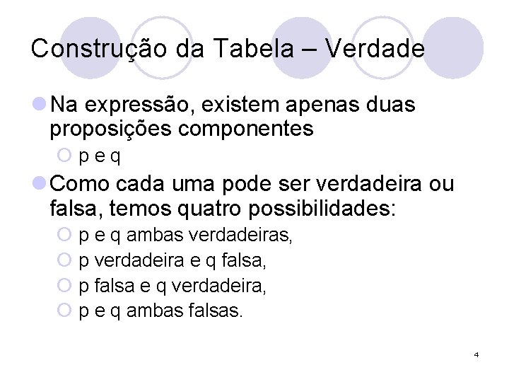 Construção da Tabela – Verdade l Na expressão, existem apenas duas proposições componentes ¡peq
