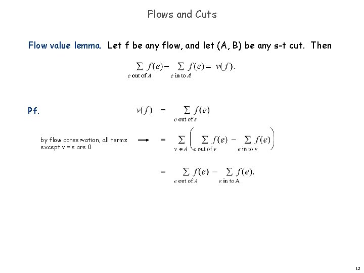 Flows and Cuts Flow value lemma. Let f be any flow, and let (A,