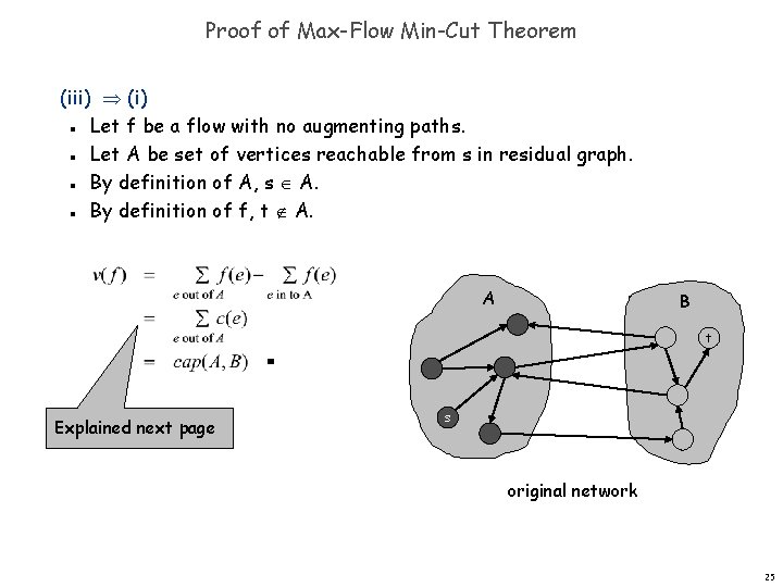 Proof of Max-Flow Min-Cut Theorem (iii) (i) Let f be a flow with no