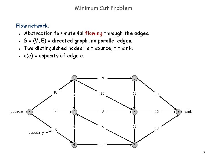 Minimum Cut Problem Flow network. Abstraction for material flowing through the edges. G =