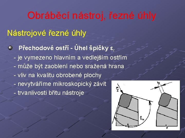 Obráběcí nástroj, řezné úhly Nástrojové řezné úhly Přechodové ostří - Úhel špičky εr -