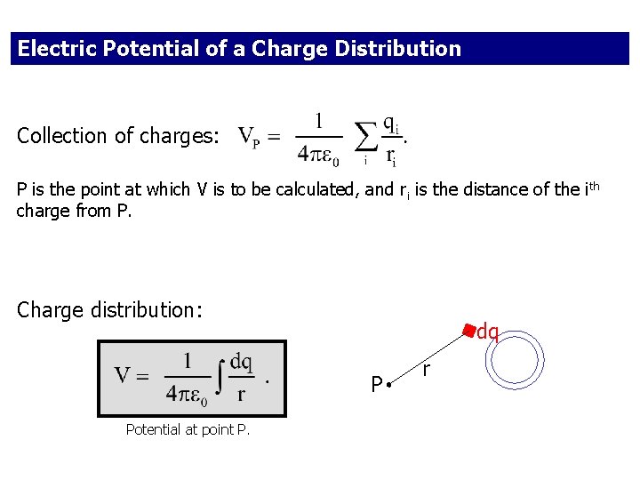 Electric Potential of a Charge Distribution Collection of charges: P is the point at