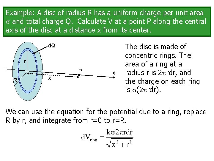 Example: A disc of radius R has a uniform charge per unit area and