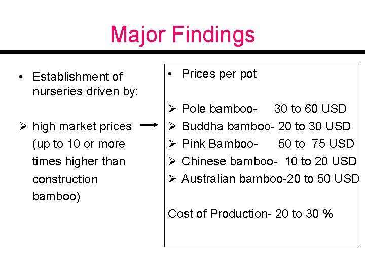 Major Findings • Establishment of nurseries driven by: Ø high market prices (up to