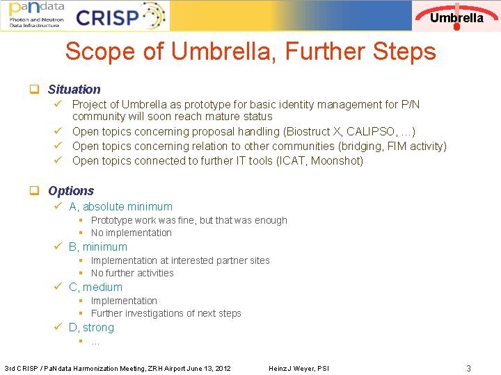 Umbrella Scope of Umbrella, Further Steps q Situation ü Project of Umbrella as prototype