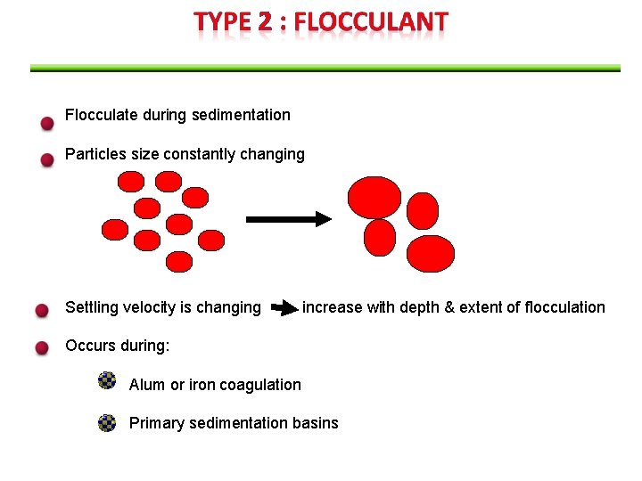 Flocculate during sedimentation Particles size constantly changing Settling velocity is changing increase with depth