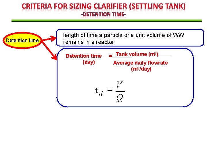 Detention time length of time a particle or a unit volume of WW remains