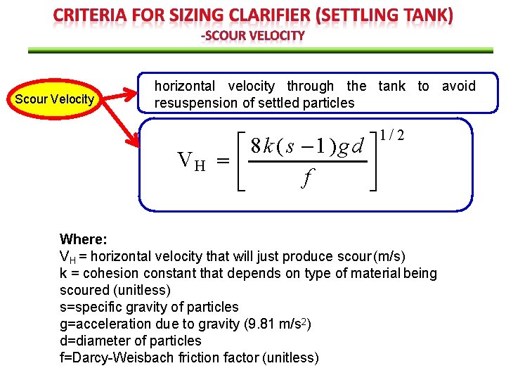 Scour Velocity horizontal velocity through the tank to avoid resuspension of settled particles VH