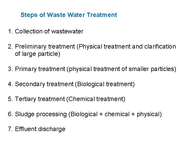 Steps of Waste Water Treatment 1. Collection of wastewater 2. Preliminary treatment (Physical treatment