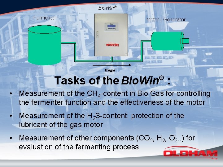 Bio. Win® Fermenter Motor / Generator Biogas ® Tasks of the Bio. Win :