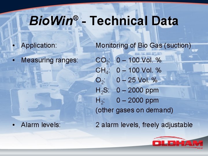 Bio. Win - Technical Data ® • Application: Monitoring of Bio Gas (suction) •
