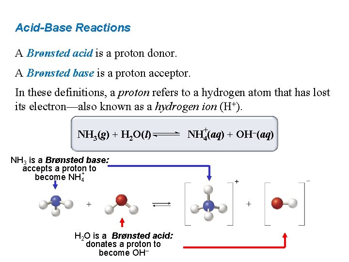 Acid-Base Reactions A Brønsted acid is a proton donor. A Brønsted base is a