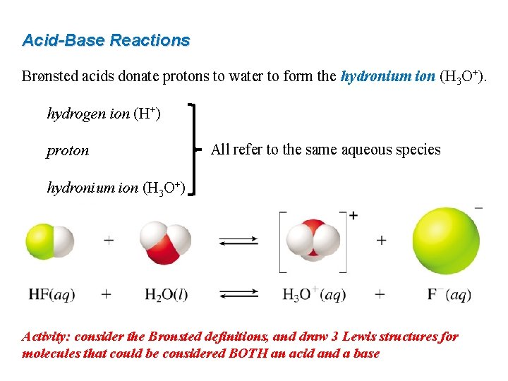 Acid-Base Reactions Brønsted acids donate protons to water to form the hydronium ion (H