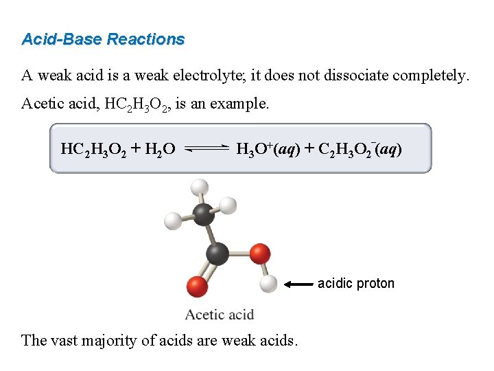 Acid-Base Reactions A weak acid is a weak electrolyte; it does not dissociate completely.