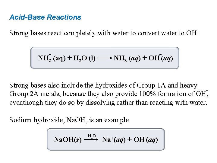 Acid-Base Reactions Strong bases react completely with water to convert water to OH-. –