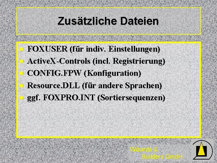 Zusätzliche Dateien l l l FOXUSER (für indiv. Einstellungen) Active. X-Controls (incl. Registrierung) CONFIG.