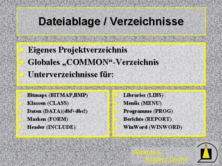 Dateiablage / Verzeichnisse l l l l Eigenes Projektverzeichnis Globales „COMMON“-Verzeichnis Unterverzeichnisse für: Bitmaps