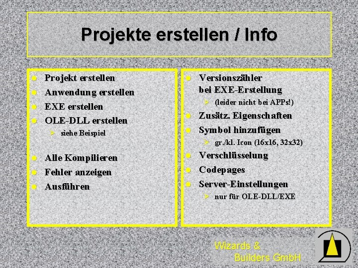 Projekte erstellen / Info l l Projekt erstellen Anwendung erstellen EXE erstellen OLE-DLL erstellen