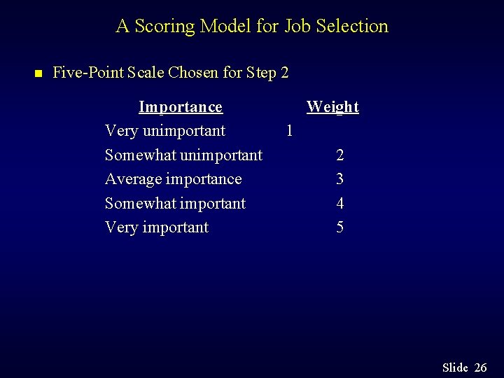 A Scoring Model for Job Selection n Five-Point Scale Chosen for Step 2 Importance