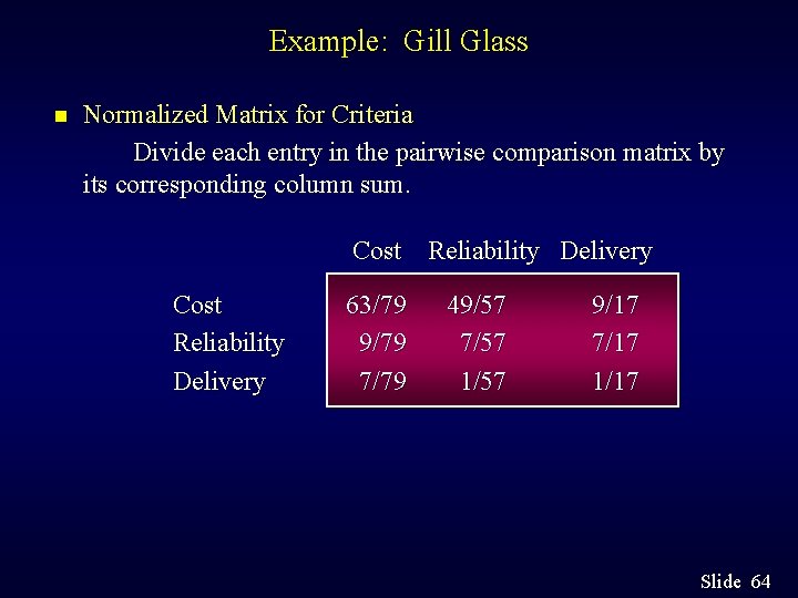 Example: Gill Glass n Normalized Matrix for Criteria Divide each entry in the pairwise