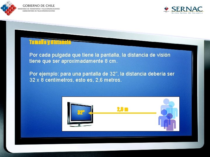 Tamaño y distancia Por cada pulgada que tiene la pantalla, la distancia de visión