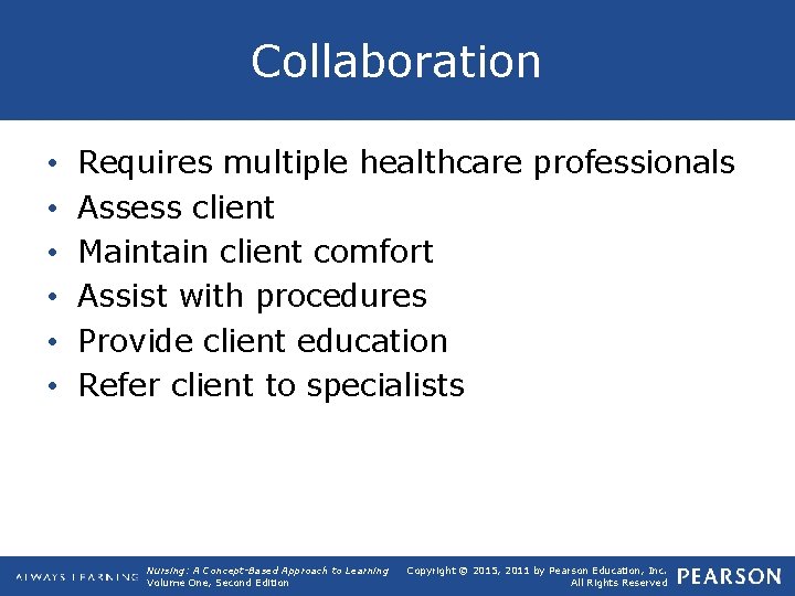 Collaboration • • • Requires multiple healthcare professionals Assess client Maintain client comfort Assist