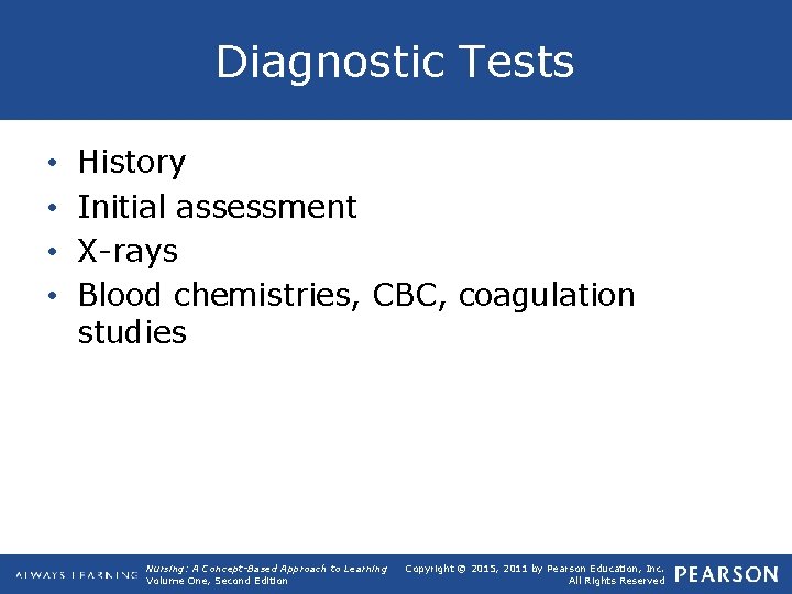 Diagnostic Tests • • History Initial assessment X-rays Blood chemistries, CBC, coagulation studies Nursing: