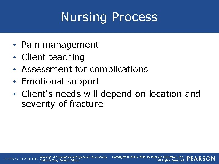Nursing Process • • • Pain management Client teaching Assessment for complications Emotional support