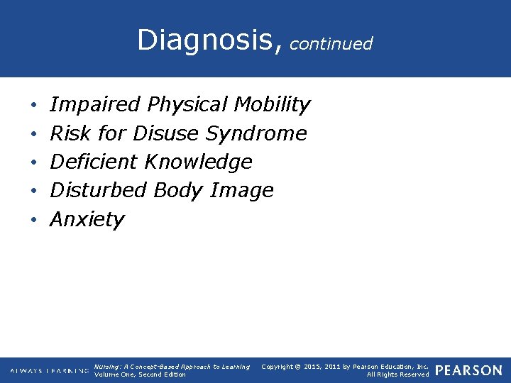 Diagnosis, continued • • • Impaired Physical Mobility Risk for Disuse Syndrome Deficient Knowledge