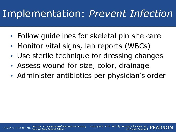 Implementation: Prevent Infection • • • Follow guidelines for skeletal pin site care Monitor
