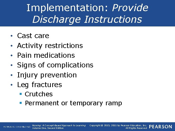 Implementation: Provide Discharge Instructions • • • Cast care Activity restrictions Pain medications Signs