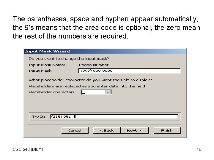 The parentheses, space and hyphen appear automatically, the 9’s means that the area code