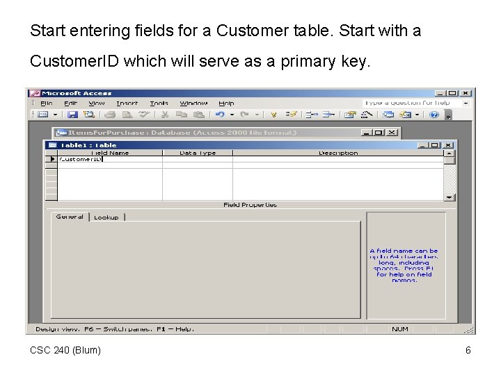 Start entering fields for a Customer table. Start with a Customer. ID which will