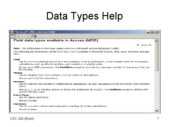 Data Types Help CSC 240 (Blum) 7 