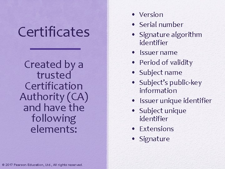 Certificates Created by a trusted Certification Authority (CA) and have the following elements: ©