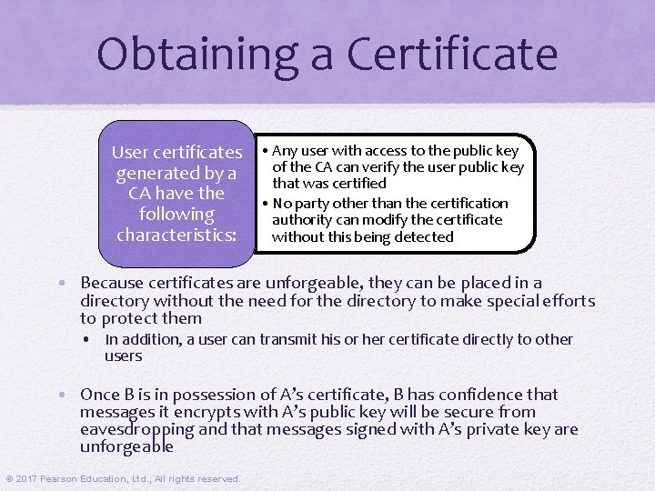 Obtaining a Certificate User certificates • Any user with access to the public key