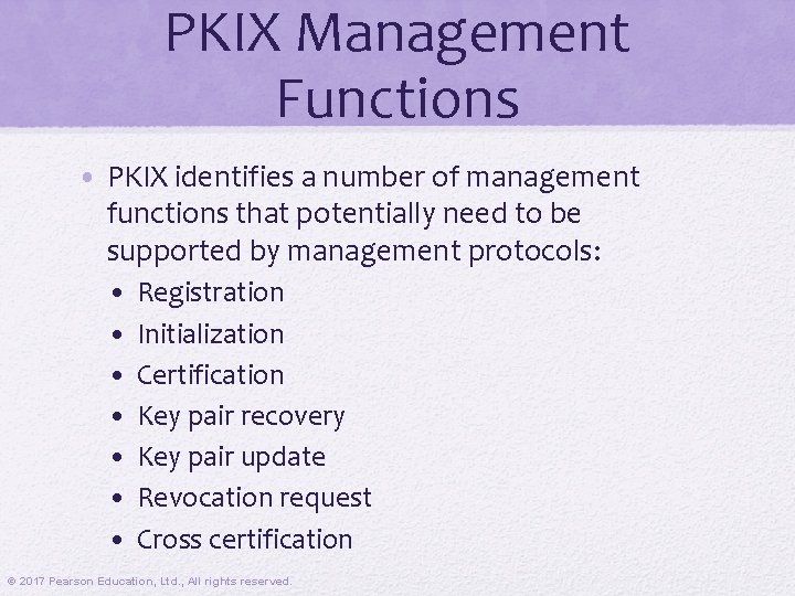 PKIX Management Functions • PKIX identifies a number of management functions that potentially need