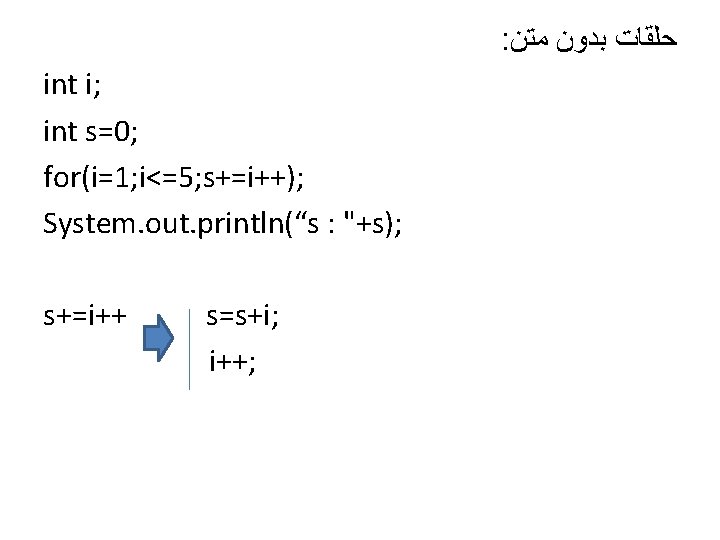 : ﺣﻠﻘﺎﺕ ﺑﺪﻭﻥ ﻣﺘﻦ int i; int s=0; for(i=1; i<=5; s+=i++); System. out. println(“s