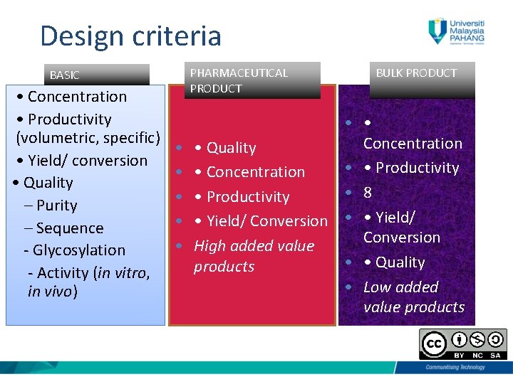 Design criteria BASIC • Concentration • Productivity (volumetric, specific) • Yield/ conversion • Quality