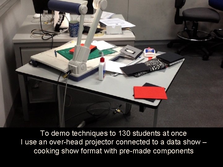 To demo techniques to 130 students at once I use an over-head projector connected