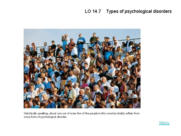 LO 14. 7 Types of psychological disorders Menu 