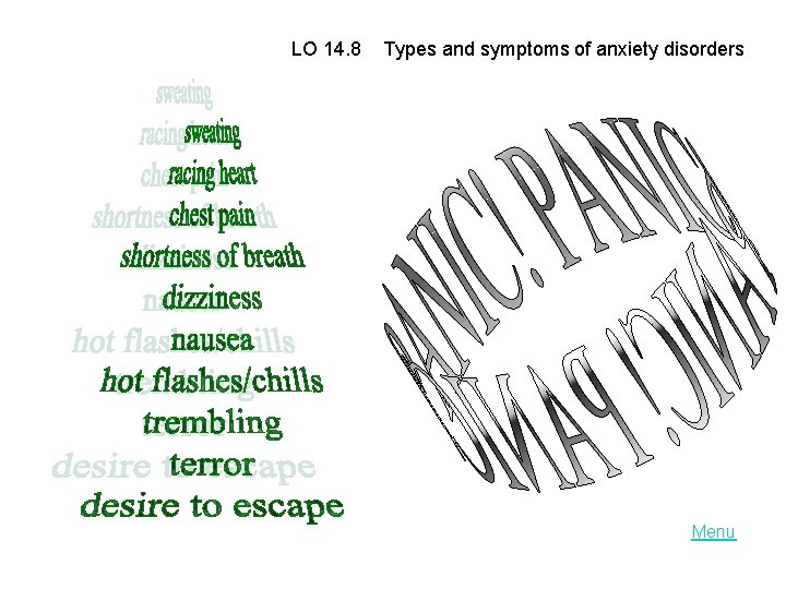 LO 14. 8 Types and symptoms of anxiety disorders Menu 