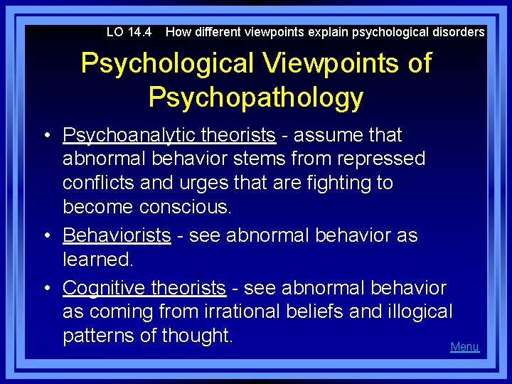 LO 14. 4 How different viewpoints explain psychological disorders Psychological Viewpoints of Psychopathology •
