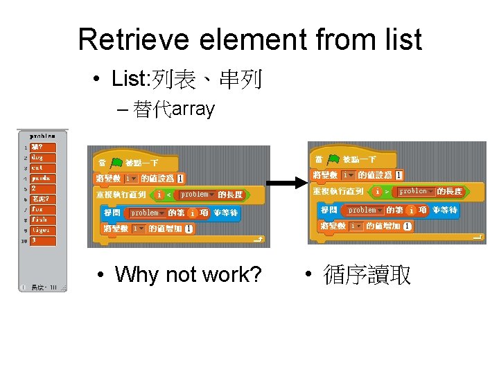 Retrieve element from list • List: 列表、串列 – 替代array • Why not work? • Retrieve element from list • List: 列表、串列 – 替代array • Why not work? •