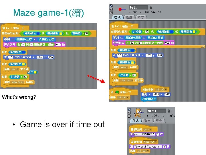 Maze game-1(續) What’s wrong? • Game is over if time out Maze game-1(續) What’s wrong? • Game is over if time out