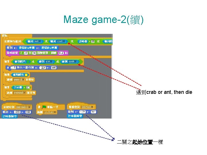 Maze game-2(續) 遇到crab or ant, then die 二關之起始位置一樣 Maze game-2(續) 遇到crab or ant, then die 二關之起始位置一樣
