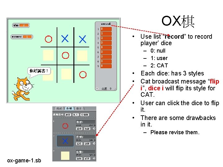 OX棋 • Use list “record” to record player’ dice – 0: null – 1: OX棋 • Use list “record” to record player’ dice – 0: null – 1: